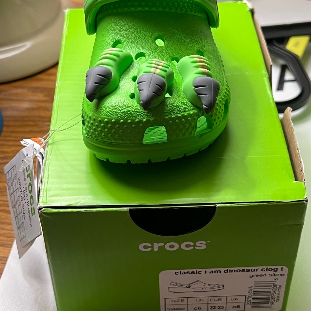 CROCS Kids Classic Dinosaur Clog in Bright Green Slime with Gray Claws